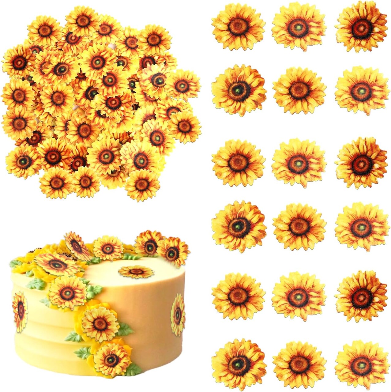 60 PCS Edible Sunflower Cupcake Toppers Edible Flowers Cake Decorations
